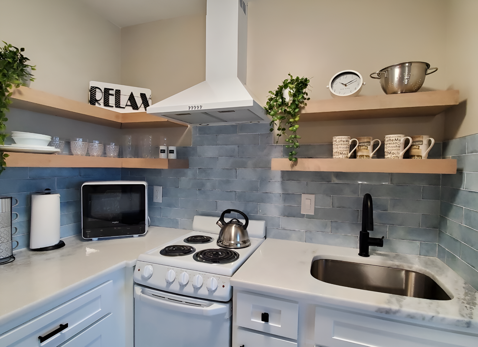 wood corner shelves in kitchen