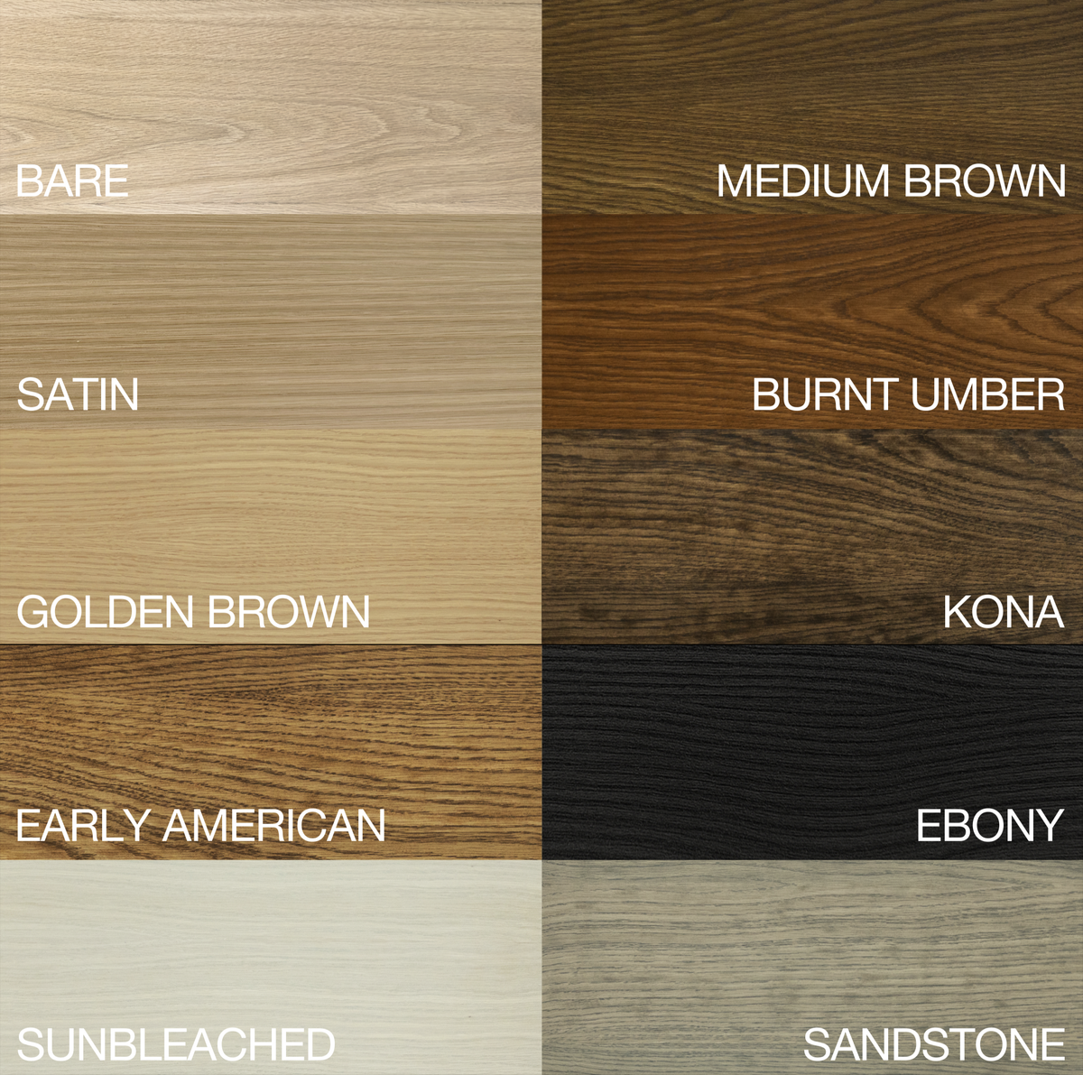 Wooden texture swatches with labeled colors including Bare, Medium Brown, Burnt Umber, Kona, Early American, Ebony, and Sunbleached.