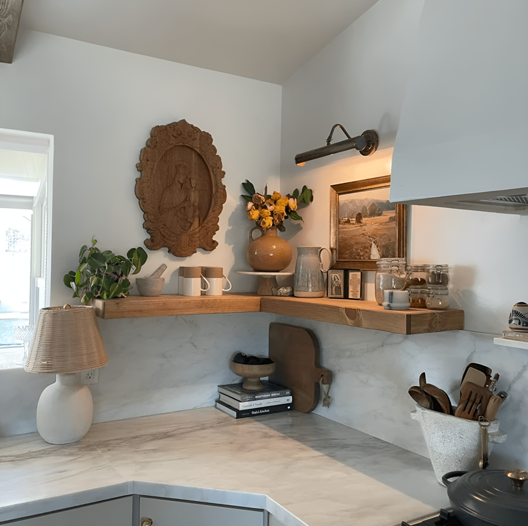 corner floating shelf in kitchen with decor