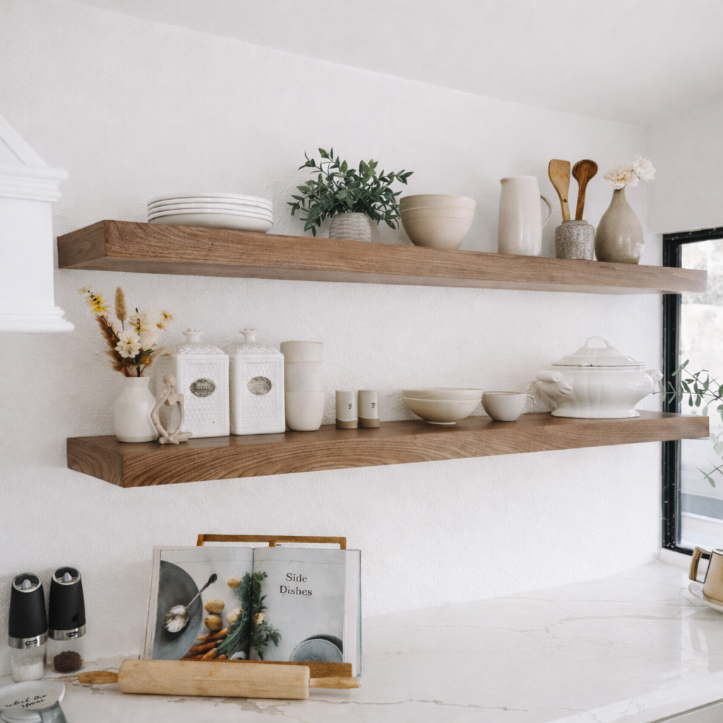 Wooden shelves in a kitchen with various decor items on a white wall.